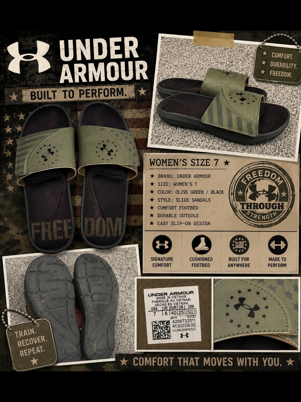 Excellent! Under Armour Olive Green & Black Women's Slide Sandals